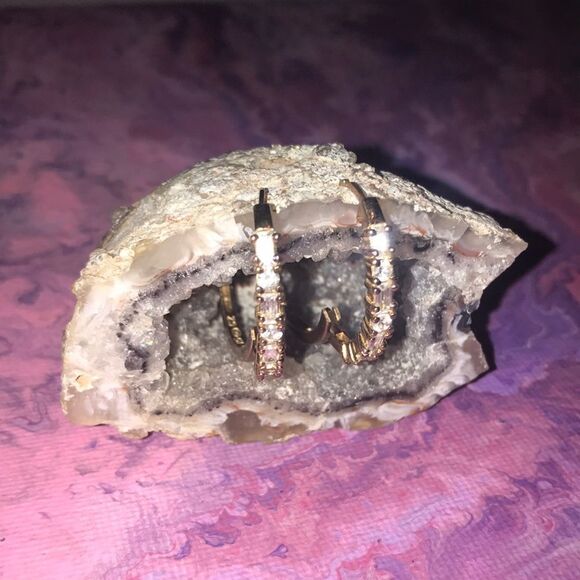 Gold Toned Silver CZ Snap Hooped Earrings - Picture 2 of 9